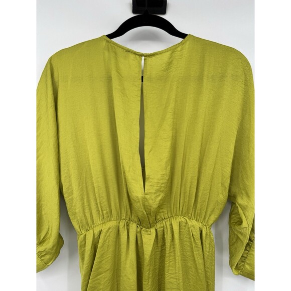 Aakaa Chartreuse Satin Draped Midi Dress Sz M Green V-Neck Ruched Cocktail Chic - Picture 6 of 13